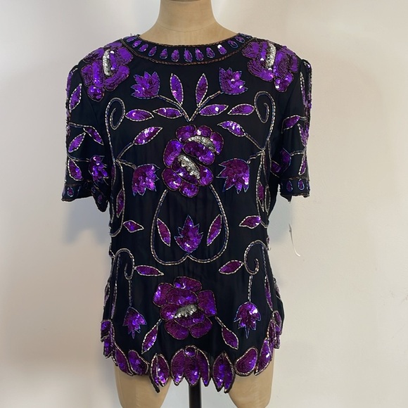 VTG Sequin Floral Top Large Black Purple Evening NWT Maximalist Pappel Glam 80s - Picture 2 of 16